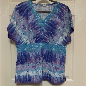 Barco Uniforms V-Neck Scrub Top Aqua Blue and Purple Nurse Tie-Dye Top large